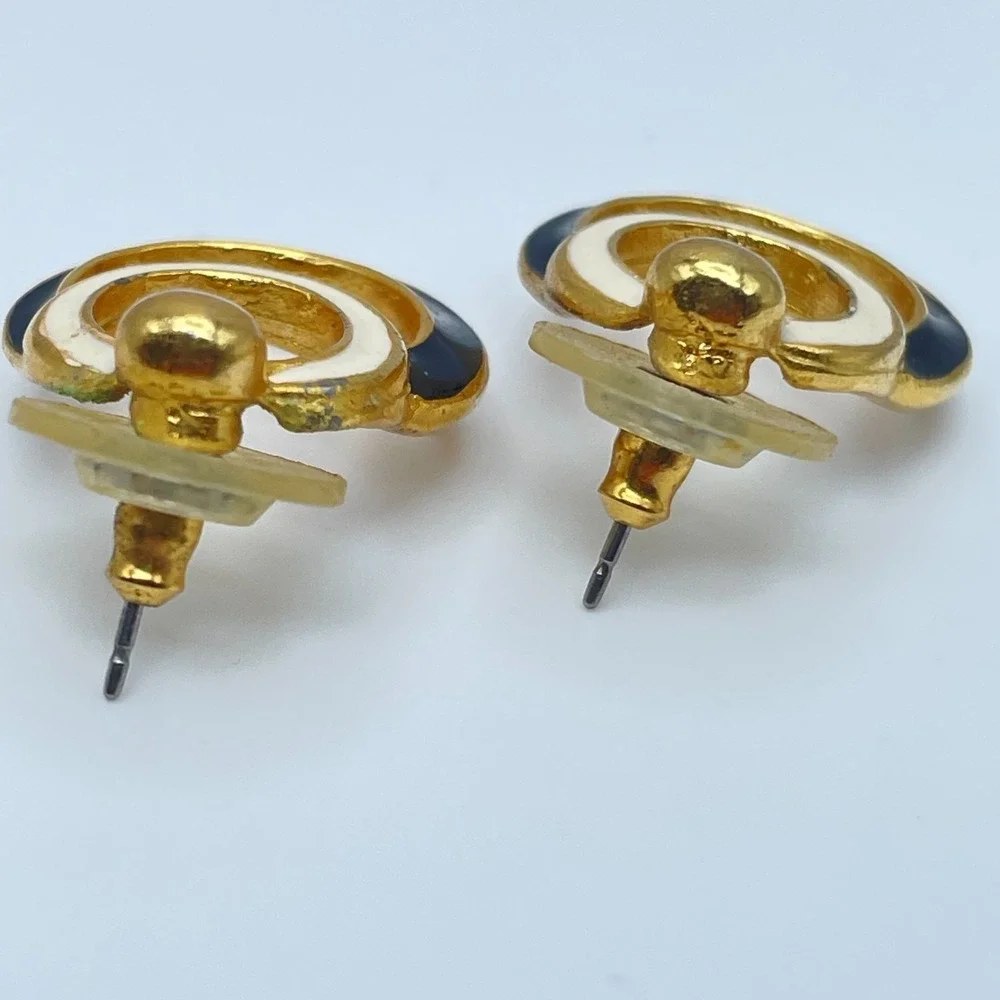 Vintage 80s Gold Tone Enamel Double Hoop Door Knocker Drop Earrings‎ Jewelry